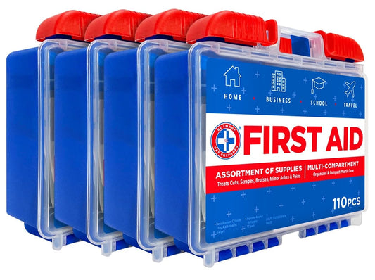 Be Smart Get Prepared 110 pc First Aid Kit (4 Pack): Clean, Treat, Protect Minor Cuts, Home, Office, Car, School, Business, Travel, Emergency, Outdoor, Camping & Sports (Packaging May Vary)