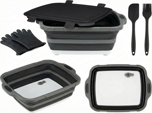 Collapsible BBQ Prep Tub with Lid & Cutting Board 8L - Meat Marinating Basin & Grill Carry System - 5pc Set with Heat Resistant Gloves, Basting Brush & Spatula(Black, Large, 8L)