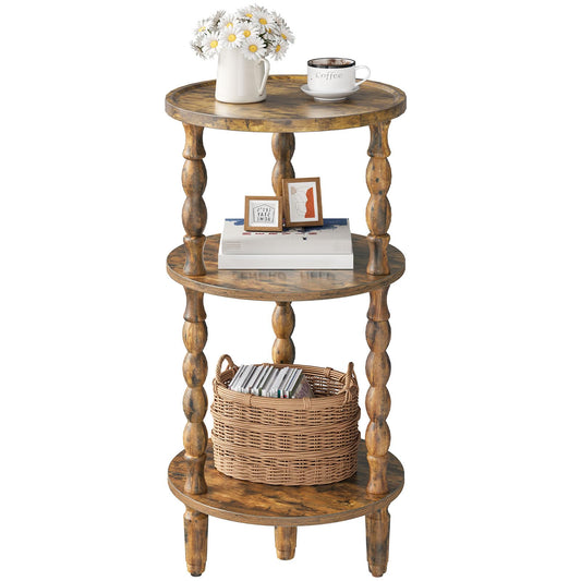 HOOBRO Round Side Table for Small Space, 3-Tier Small Round End Table with Rubberwood Leg, Accent Bedside Table, Circle Nightstand, Living Room, Bedroom, Sofa Couch, Rustic Brown FG218BZ01