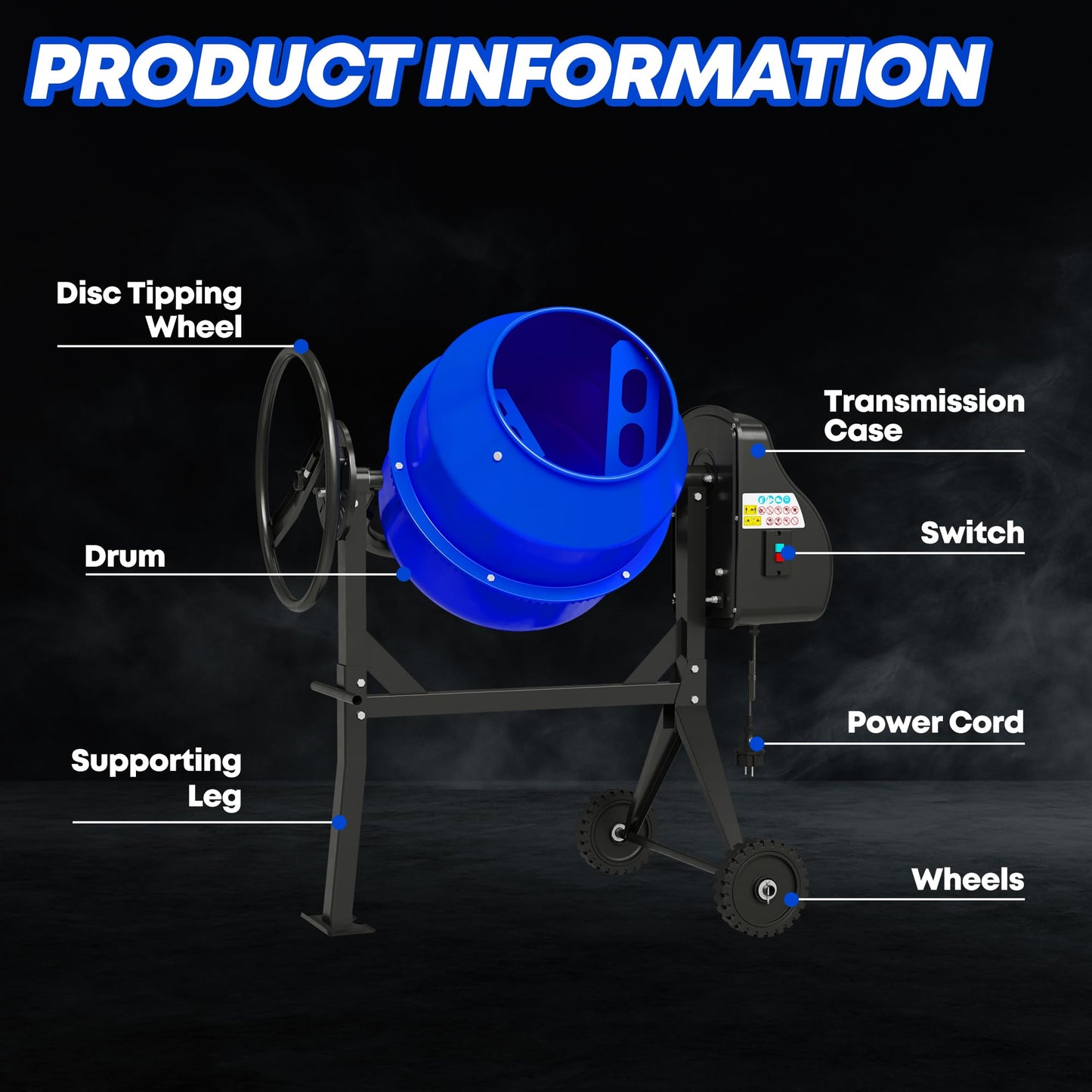 SILVEL 4.3 Cu.Ft. Concrete Mixer Machine, 450W 3/5HP Electric Cement Mixer Machine with Wheel and Stand for Stucco