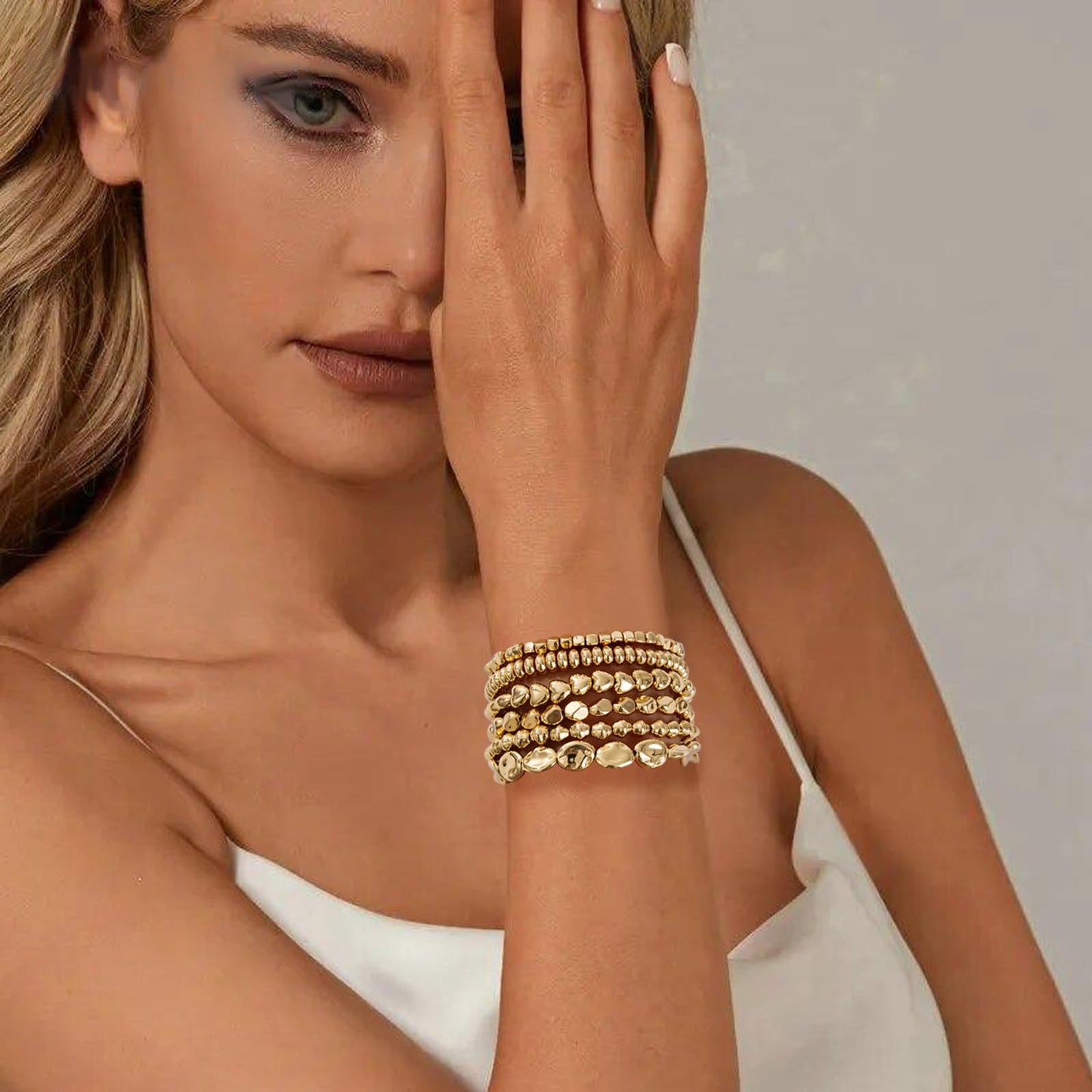 Sajidos Gold Beaded Bracelets for Women Trendy, 14K Gold Plated Stack Cross Pearl Gold Bead Stretch Bracelets Set Elastic Hypoallergenic Bracelets Jewelry Gifts (style3)