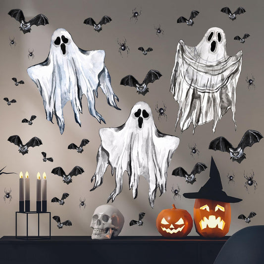 Halloween Wall Decoration Stickers Large Bats Ghost Wall Decals Decoration Peel and Stick Halloween Party Indoor Decor Supplies Happy Halloweens Vinyl Decals for Haunted House Window Winter Hoilday