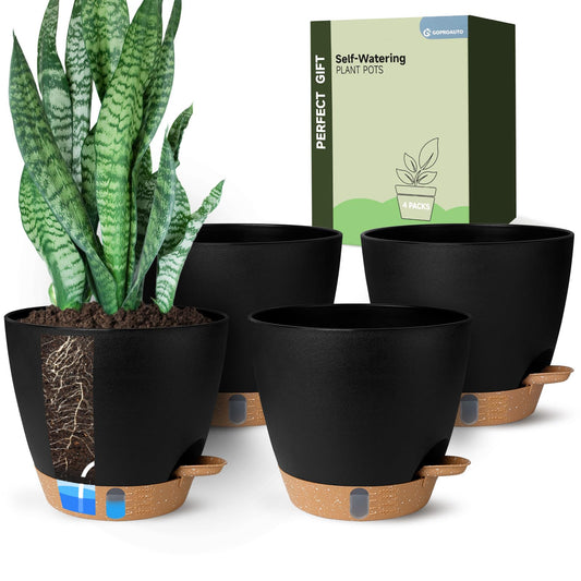 8 Inch Self Watering Pots for Indoor Plants, Plastic Planters with Deep Reservoir & Drainage Holes, Flower Pots for Monstera, Snake Plant & Peace Lily, Worry-Free Vacation Care (Black, 8 inch)