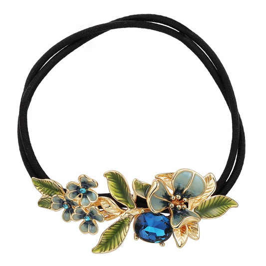 SHE'S FREE STYLE JUST FOR YOU Hair Scrunchies Iris Flower Crystal Ponytail Holder, Handmade Enamel Floral Hair Elastics for Women, Double Band Hair Ties for Girls Hair Accessory (Blue)