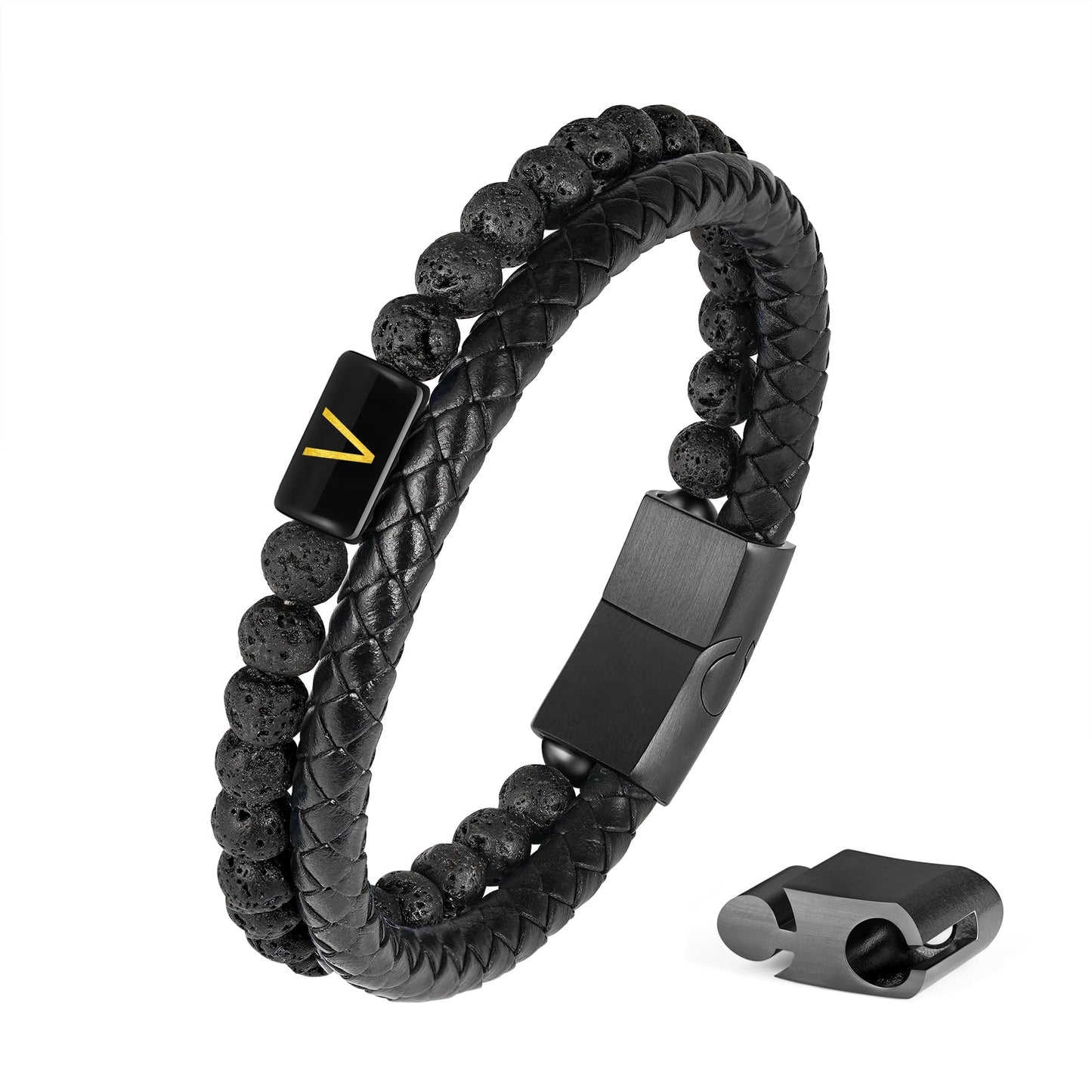 Mens Leather Bracelet with Initial - Men Gift Lava Rock Bead Magnetic Clasp Black Leather Bracelets Mens Gifts Men Bracelets with Initial V Bracelet for Men's Jewelry Men's Gifts for Dad Husband Him