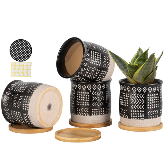 AOMRYOM 4 Inch Small Ceramic Plant Pots with Saucer and Drainage Hole, Vintage Style Planters Home Decor for Aloe, Succulent, Cactus and Herbs, Black, Set of 4 (Plant Not Included)