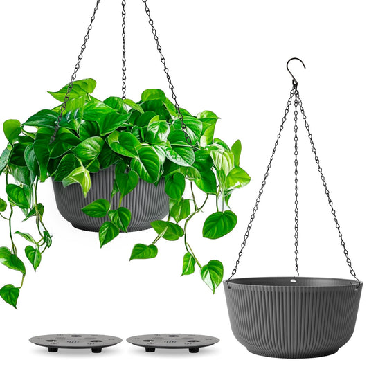 T4U 10 Inch Hanging Planters for Indoor Outdoor Plants, Hanging Plant Pot Pack of 2, Self Watering Hanging Pots with Drainage Hole & Plug & Chain with 3 Hooks for Garden Home Decor, Grey