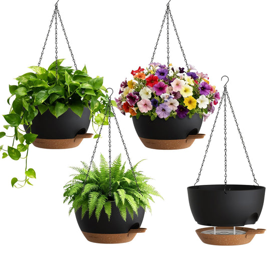 UOUZ 4 Pack 8 Inch Self Watering Hanging Planters for Indoor Outdoor Plants，Hanging Pots for Plants with Drainage Removable Tray, Hanging Baskets Flower Pots for Pothos Spider Garden Black with Brown