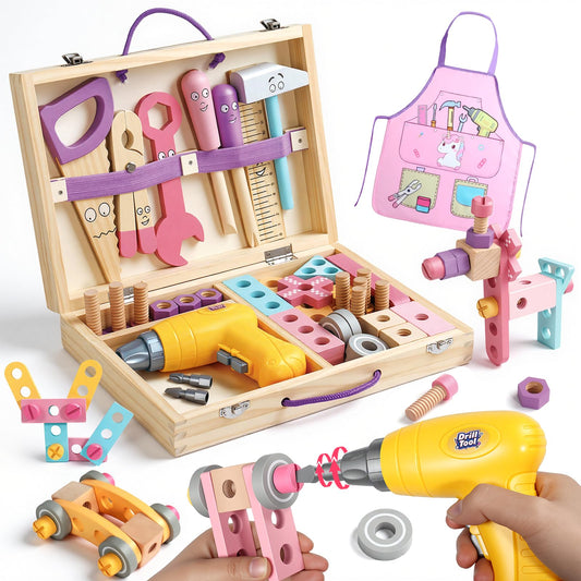 TONZE Pink Wooden Kids Tool Set with Drill 44Pcs Educational Montessori Toys for 3 Year Old Girl, STEM Toys Toddler Tool Set with Apron & Box Birthday Gifts for 3 4 5 6 Year Old Girls