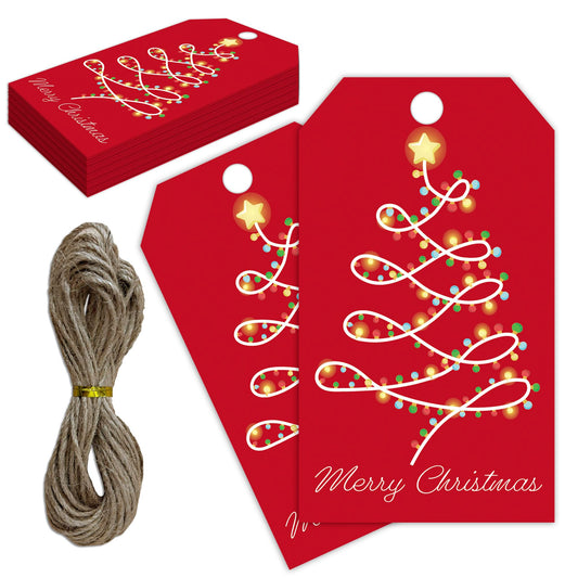 Merry Christmas Paper Gift Labels with String, 2x3.5 Inches Red Christmas Tree Design Paper Tags, 50PCS Holiday Gift Tags for Present, Holiday Wrapping Party Favor Decor Supplies-C19
