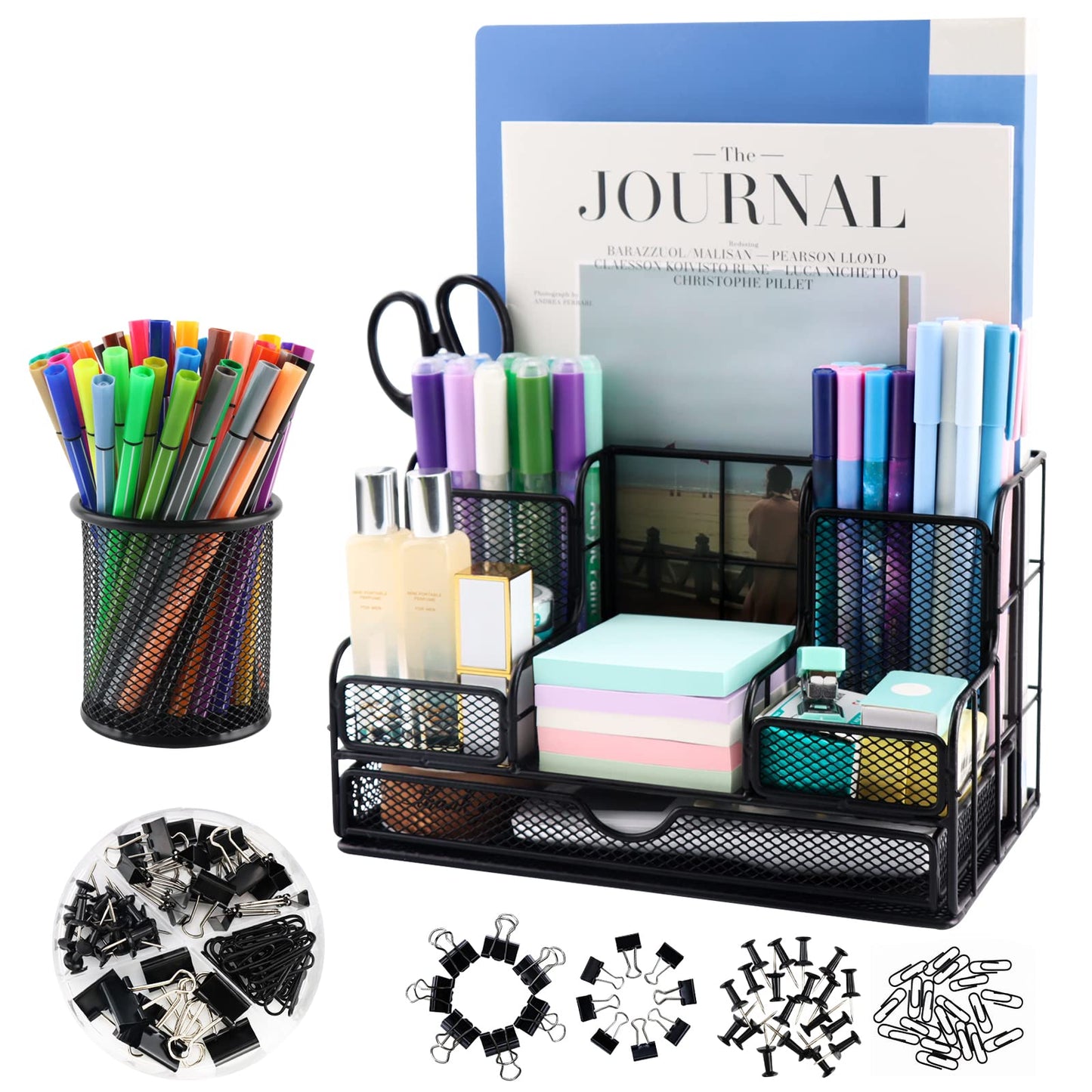 Desk Organizers Caddy and Accessories with 7 Compartments + Pen Holder / 72 Clips Set, Drawer, Black Mesh Office Supplies Desktop Organizer for Home, Office Ect