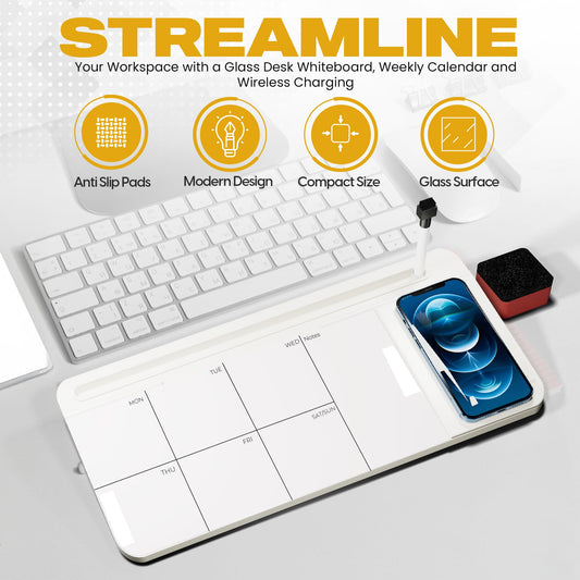 NEXTLUXE Glass Desk Whiteboard with Wireless Charger - Desktop Whiteboard with Storage, Weekly Planner, Dry Erase Pad, Organizer Drawer for Home, School, Office Gadgets – White
