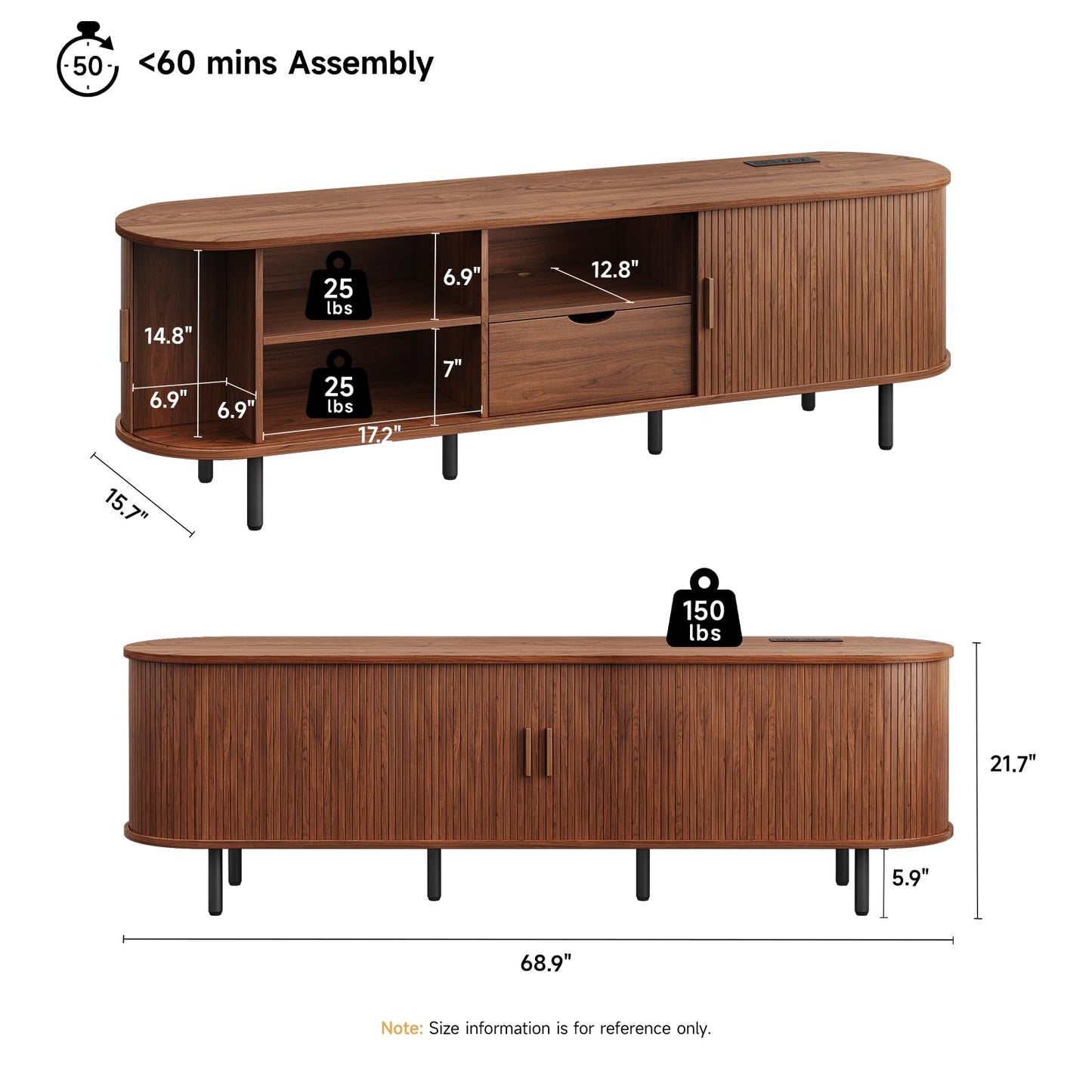 ONBRILL 69" TV Stand with Power Outlet for TVs up to 80", Entertainment Center with Storage and Drawer, TV Console with Adjustable Shelves and Sliding Door, TV Stand for Living Room, Bedroom, Walnut
