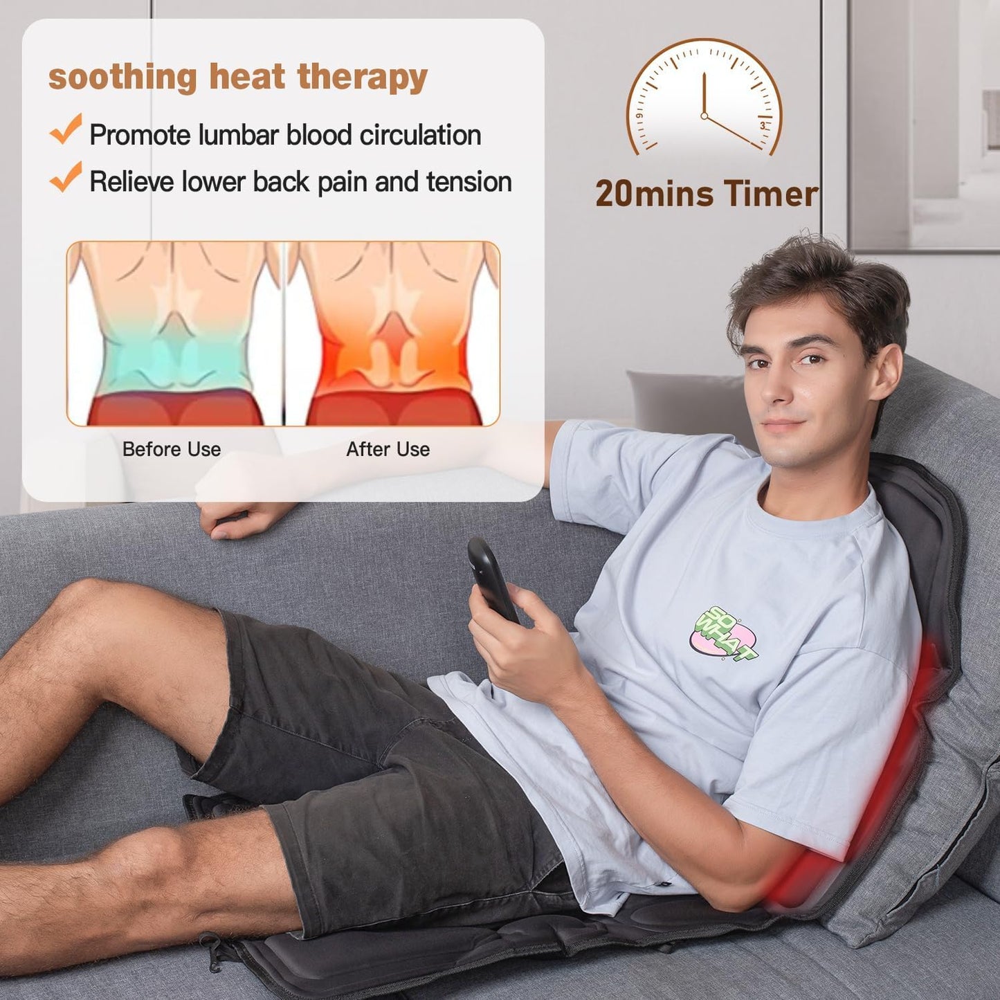 Back Massage Chair Pad, Back Massager with Heat for Pain Relief, Chair Massager for Full Body Massage, Deep Tissue Vibration Massger with 2 Adapters, Chair Massager for Office and Recliner