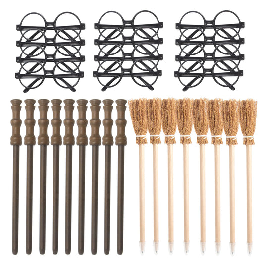 Col-Pary Party Supplies Kit -Black Round Glasses with Round Frame No Lenses, Broom Pencil, Wand Pencil for School Birthday, Halloween,Cosplay Party Decor（Each of 12 pcs ）