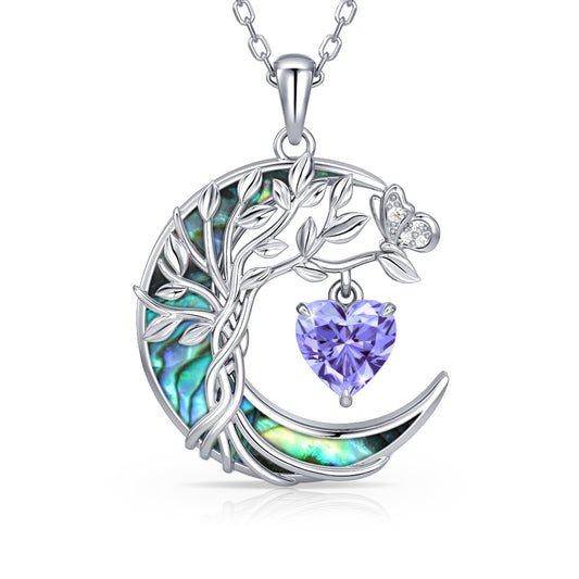 Distance Tree of Life Birthstone Necklace for Women, S925 Sterling Silver Premium Abalone Shell Moon Pendant June Heart Birthstone Necklace, Alexandrite Jewelry Christmas Birthday Gifts for Her Wife