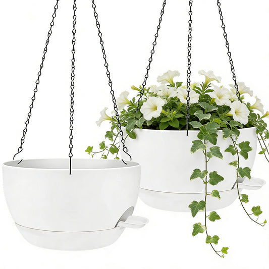 zople 2 Pack 12 Inch Self Watering Hanging Planters for Indoor Plants, Large White Plastic Hanging Pots with Chains for Outdoor Patio Garden Home Decor White
