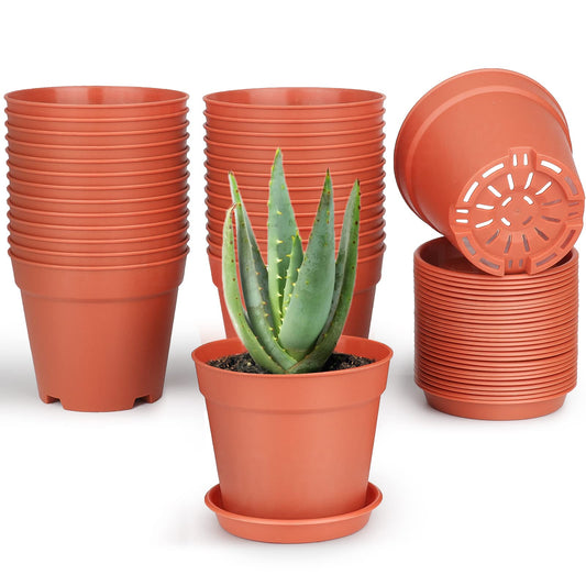 SwinDuck 4 inch Small Plant Pots, 28 Pack Plastic Planters with Drainage Holes and Saucers for Flowers Plants, Succulents, Seed Starting Pots, Terracotta