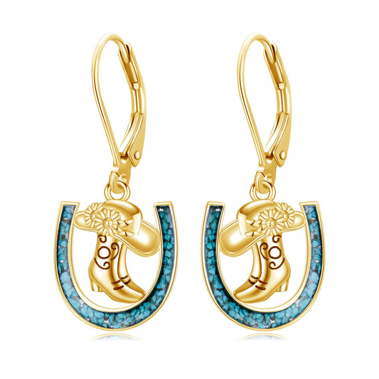 YYmqmq Gold Cowboy Boot Earrings for Women 925 Sterling Silver Turquoise Horseshoe Dangle Earrings Leverback Western Jewelry Gifts for Women Girlfriend Cowgirl