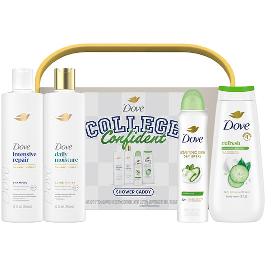 Dove Shower Caddy College Confident Gift Set – Cucumber & Green Tea Body Wash, Intensive Repair Shampoo, Daily Moisture Conditioner, Cool Essentials Deodorant for Women (5 Piece Set)