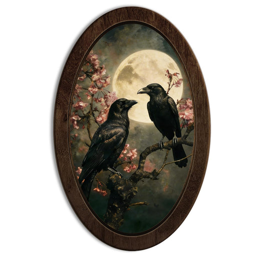 YZSLA Gothic Moody Black Crow Full Moon Framed Wall Art Decor, Dark Academia Witchy Full Moon Raven Floral Oval Wall Art Hanging Decorations for Home Bedroom Living Room, 14.56x9.05 Inch