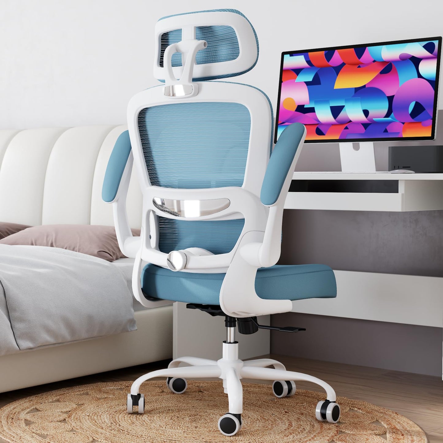 TRALT Office Chair Ergonomic Desk Chair, 330 LBS Home Mesh Office Desk Chairs with Wheels, Comfortable Gaming Chair, High Back Office Chair for Long Hours (Sky Blue)
