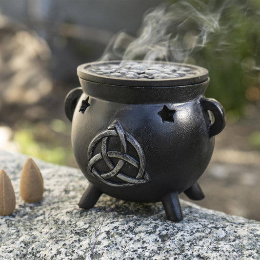 Summit Collection Gifts Black Wicca Celtic Triple Knot Cast Iron Cauldron Incense Cone Burner with Lid Triquetra Symbol Design with Star Cutouts Polyresin Home Decor 3.14" H