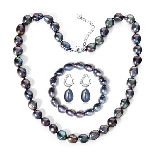 BAMIKI Tahitian Pearl Jewelry Set for Women, Baroque Saltwater Cultured Black Pearl Necklace Bracelet Earrings Set 8.5-9mm, 925 Sterling Silver Clasp, Gift for Birthday Anniversary Mother's Day