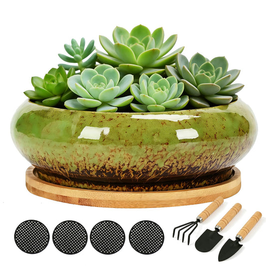 Drzewo 7-Inch Succulent Pots, Succulent Pots with Drainage, Drip Glazed Ceramic Planter with Small Garden Tools, Indoor Succulent Planters for Cactus, Potted Plant,Aloe Vera,Pot for Succulents