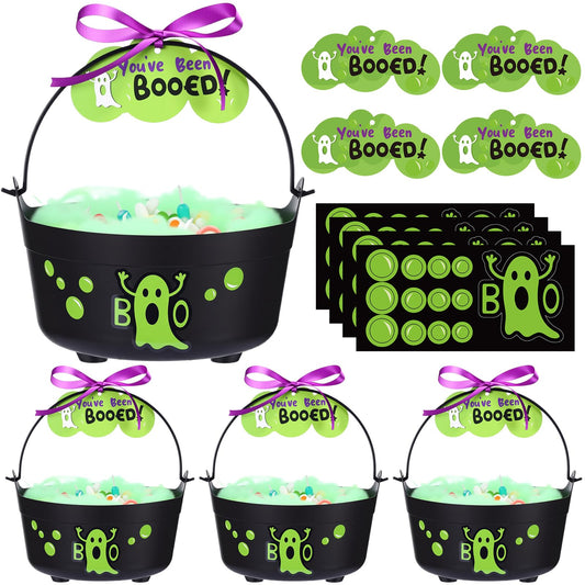 Soulchen 4 Pcs Halloween Boo Bucket Decoration Trick or Treat Gift Basket with 4 Spooky Boo Candy Bucket with Green Spider Silk Cotton Ghost Boos Sticker Card Ribbon for Halloween Party Decoration