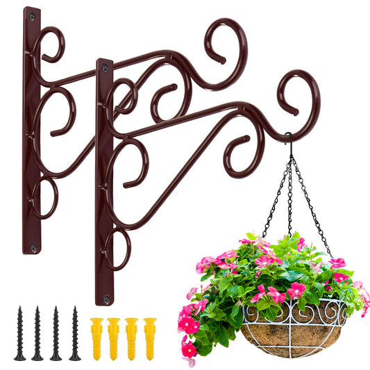 KABB Hanging Plant Bracket, 2 Pcs 10" Iron Decorative Wall Hanger Hooks for Hanging Plants Flower Baskets Bird Feeders Wind Chimes, Indoor Outdoor Rustic Home Decor, Coffee Color