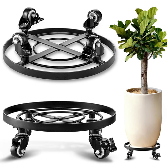 AMAGABELI GARDEN & HOME Metal Plant Caddy with Wheels Heavy Duty Iron Rolling Casters Plant Stand 2 Pack 12" Rollers Round Flower Pot Rack on Dolly Holder Indoor Outdoor Planter Trolley