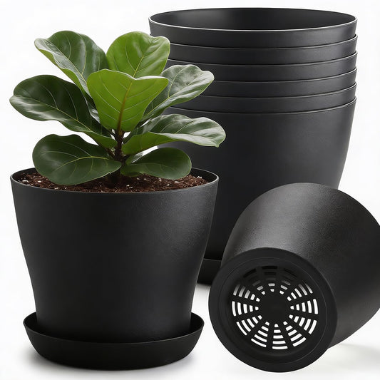 BTPLASTIK 6 Pack 8inch Plastic Round Plant Pot with Drainage Holes & Saucer, Durable 8" Black Nursery Pots Flower Pots for Indoor/Outdoor Plants, Minimalist Curved Design for Succulents, Herbs, Cacti