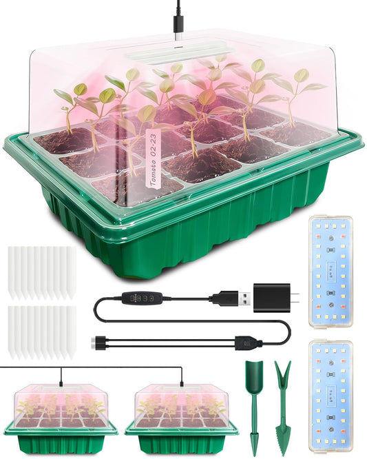 Seed Starter Tray with Grow Light (2x 24-LED), 2 Pack Seed Starter Kit with Humidity Domes and Timing Controller, Adjustable Brightness, Reusable Seedling Starter Tray, Thicken Seed Starting Trays