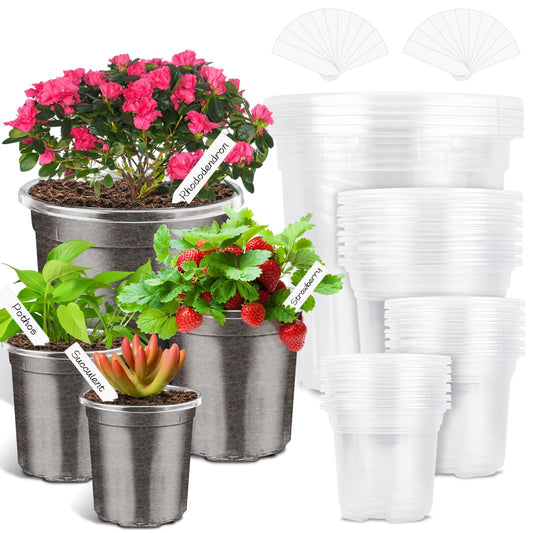 PACETAP 40Pack 6.5/5/4/3.5 Inch Reinforced Clear Nursery Pots with Drainage Holes, Variety Pack Thickened Plastic Plant Pots with 20 Plant Labels for Indoor Outdoor Flower Seed Starter