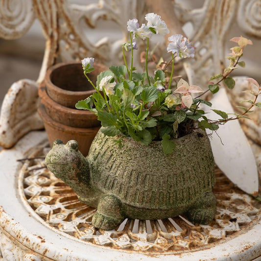 SenJchicwd Vintage Cement Turtle Planters for Indoor & Outdoor Decor Rustic Shabby Flower Plants Pots for Fern Moss Cacti Succulents Home Graden Table Decorations Distressed Green