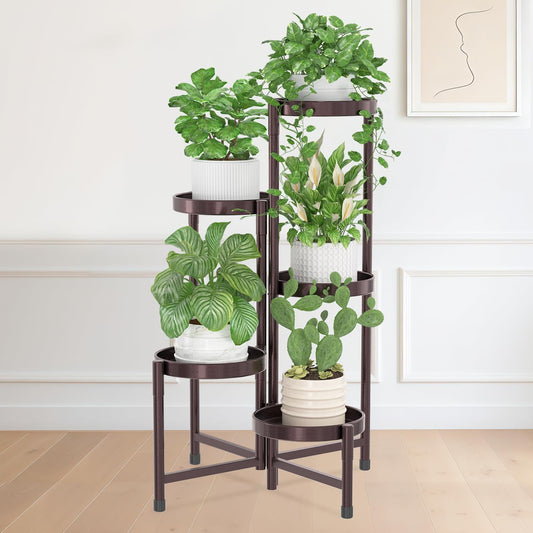 iDavosic.ly Plant Stand Indoor Outdoor, 5 Tier Corner Metal Flower Display Holder Shelf, Folding Tall Orchid Rack for Patio Balcony Porch Garden Living Room House, Violet Bronze