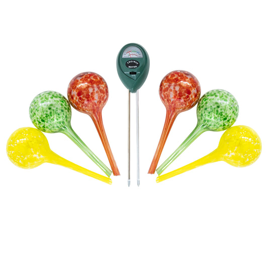 6 Small Plant Watering Globes - Plant Watering Devices - Plant Watering Bulbs - Self Watering Spikes - Hand Blown Glass - Self Watering Planter Insert - Free Moisture Meter - by Cotswold Homeware