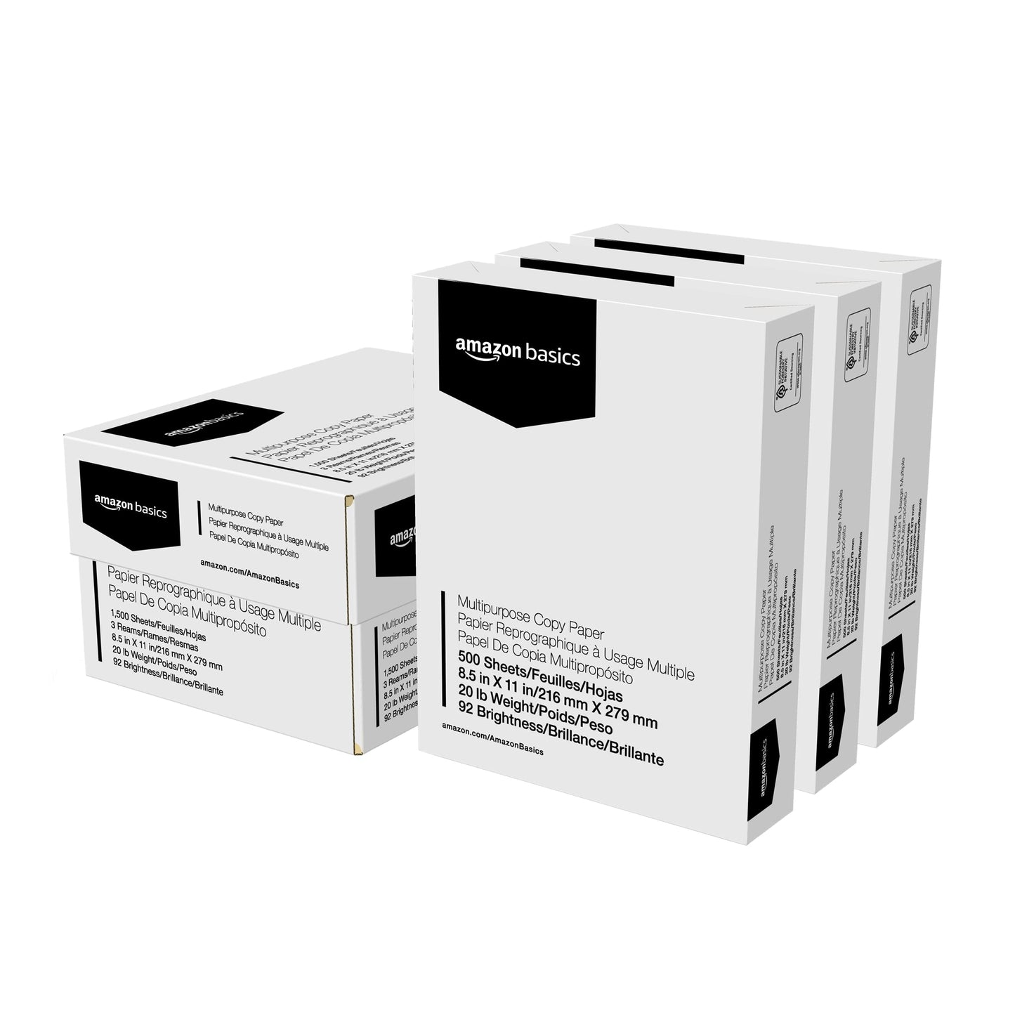 Amazon Basics Multipurpose Copy Printer Paper, 20 lb, 92 Bright, 8.5" x 11", White, 3 Reams, 1500 Sheets