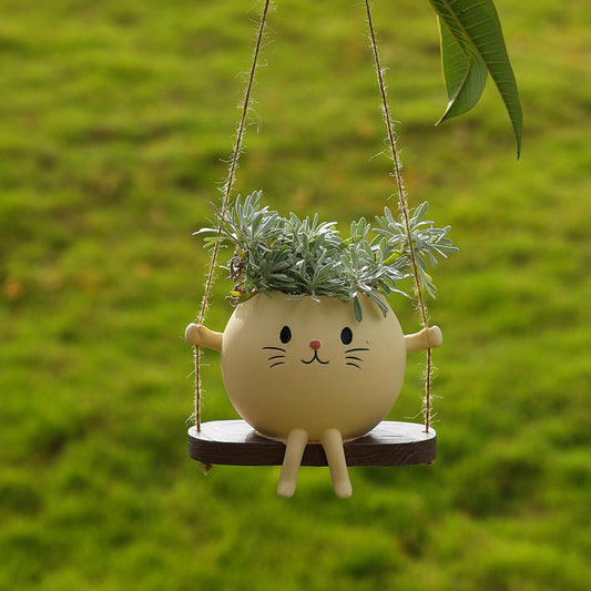 Swing Cat Hanging Planter, Resin Cute Cat Succulent Pot, Dual-Use Indoor Outdoor Plant Holder, Creamy Yellow Swing Flower Pot, Adorable Hanging Planter for Small Plants