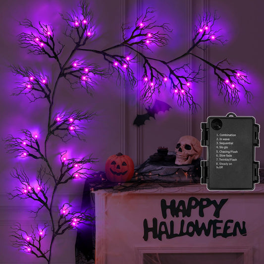 [ 8 Modes & Timer ] 9 Ft 66 LED Halloween Willow Vine Twig Decor Garland Decorations with Purple Lights, Halloween Garland with Battery Operated Waterproof for Home Wall Fireplace Mantle Decorations