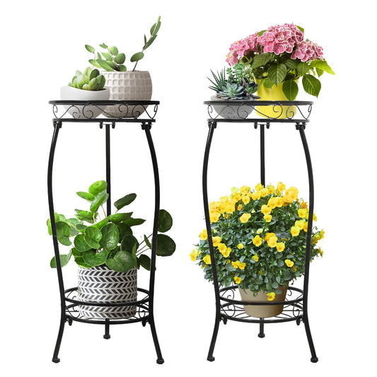Cometofit 2 Pack Plant Stand Indoor Outdoor 2 Tier 27" Tall Metal Potted Holder Rack Flower Pot Stand Heavy Duty Plant Shelf Rustproof Iron Multiple Plant Round Supports Rack for Planter Corner Garden
