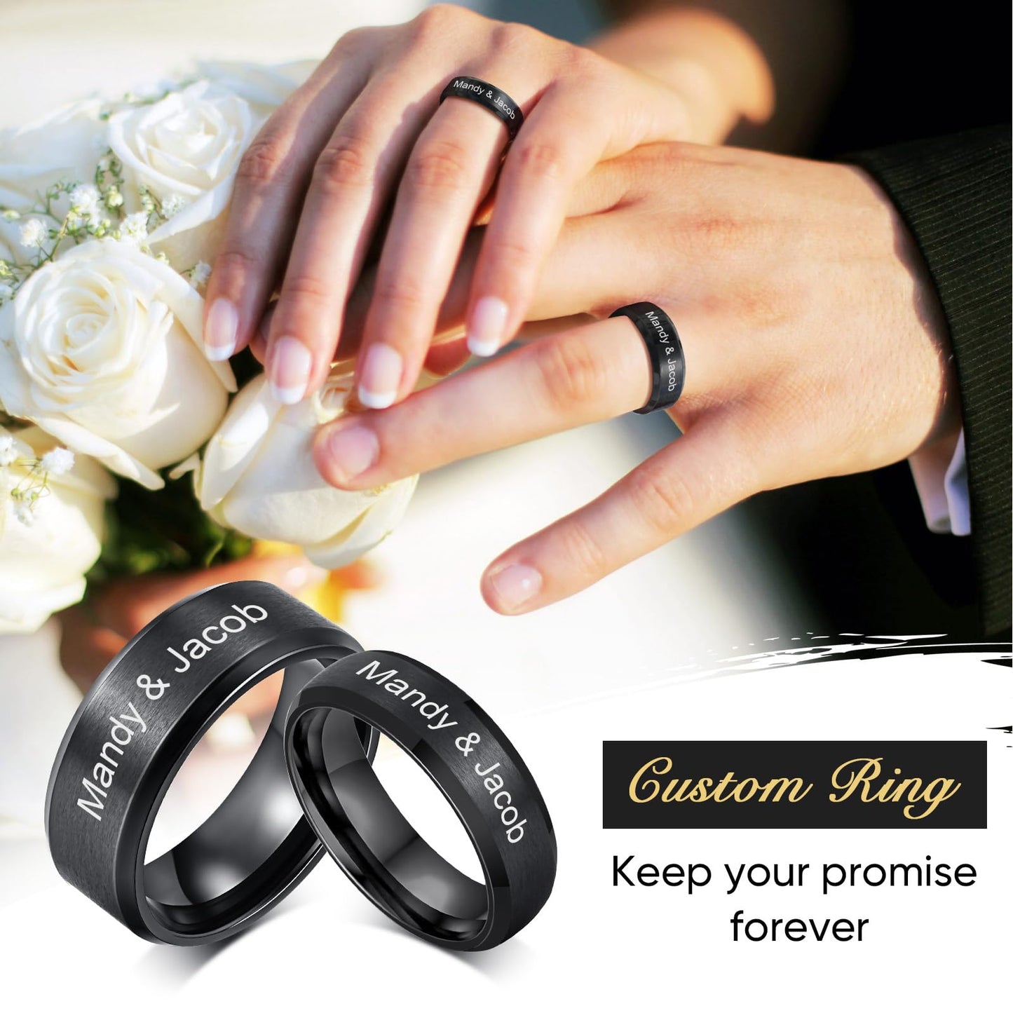 VNOX Customize Jewelry-6MM Black Stainless Steel Beveled Edge Matte Brushed Finish Rings for Men Women,Size 10