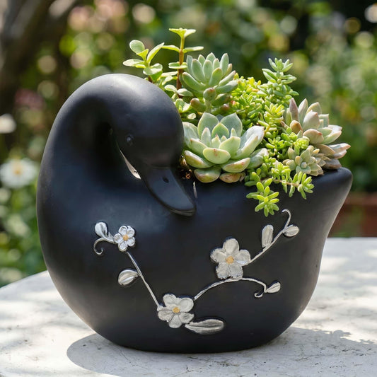 Euiroet Swan Flower Pot - Unique Resin Sculpture, Enchanting Decorative Garden Planter, Elegant Swan Vase for Succulents & Air Plants, Indoor/Outdoor Use, Durable & Whimsical Design (Black)