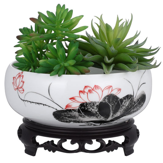 Gatuida Ceramic Bonsai Planter with Base, Hydroponic Flower Container, Water Lily Bowl, Lotus Planter for Home Decor, 6.69 x 2.75 x 4.13 Inch