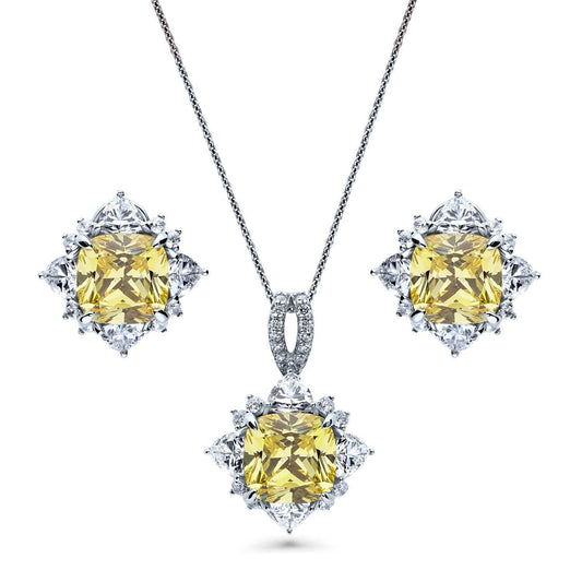 BERRICLE Sterling Silver Halo Canary Yellow Cushion Cut Cubic Zirconia CZ Flower Fashion Necklace and Earrings Set for Women, Rhodium Plated