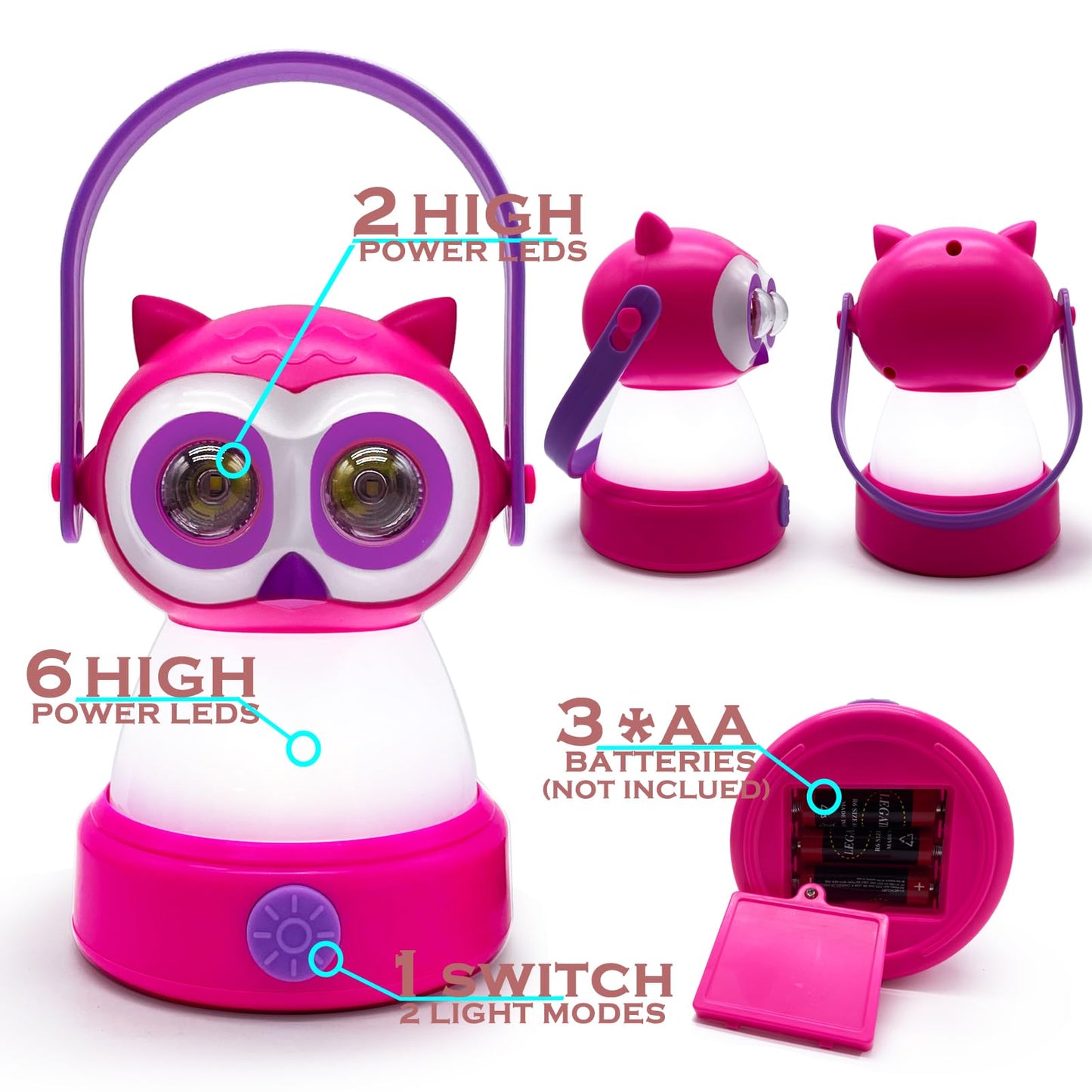 FANT.LUX Kids Owl Lantern & Headlamp Set, 2-in-1 360° LED Camping Night Light, Battery Powered 3×AA, Child-Safe ABS, Portable Adventure Toy & Bedroom Night-Light (Pink Owl Lantern-Headlmp)