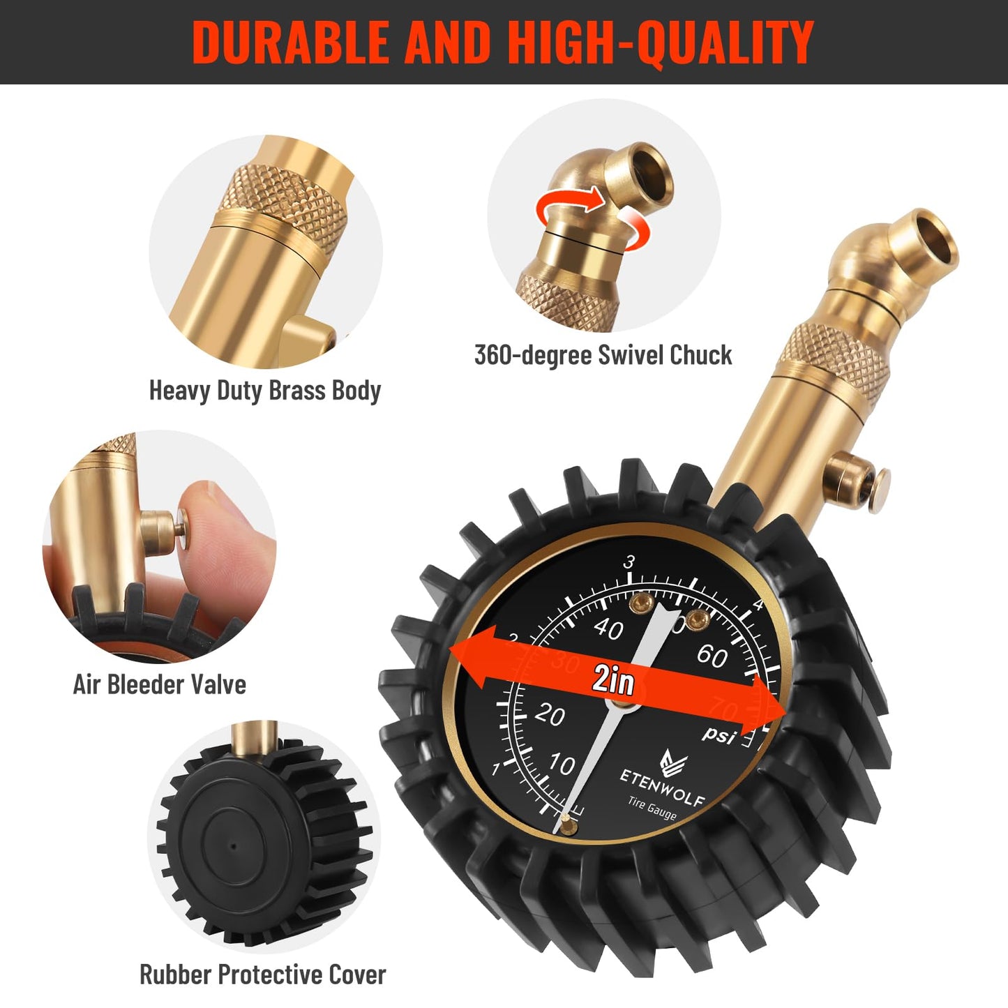 ETENWOLF Tire Pressure Gauge for Cars 0-75 PSI, Air Pressure Gauge with Large Glow Dial, Calibrated to ANSI B40.1 Grade A(Plus-Minus 1%), Tire Gauge for Tire Pressure Car Accessories (Black)
