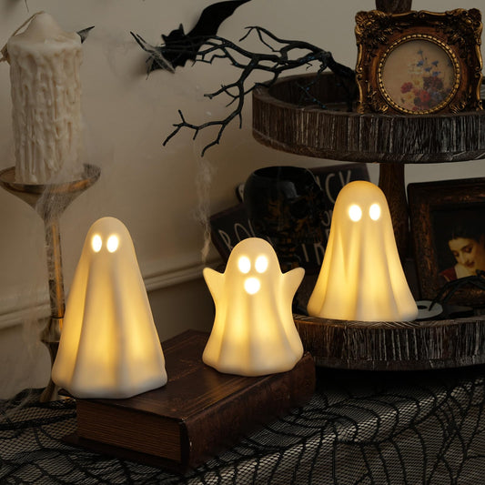 Light Up Ghost Halloween Decor - 3 Pack Ceramic White Ghost Figurines - Indoor, Table, Tray