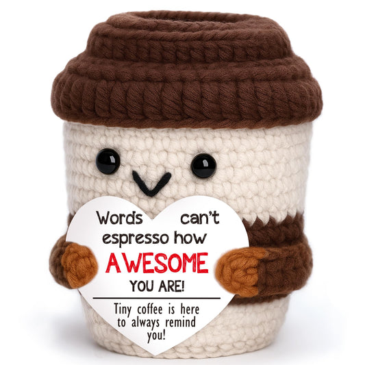 OCCdesign Mini Birthday Inspirational Gifts for Women Men Cheer Up Support Handmade Crochet Coffee Gift for Coworkers Friend Teachers Nurses Stress Relief Mental Health Self Care Office Gift